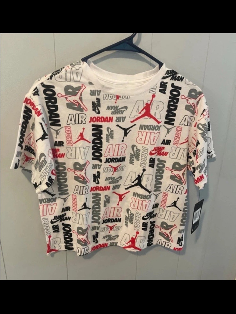 Jordan White Crop Tee with Black & Red Logo Print